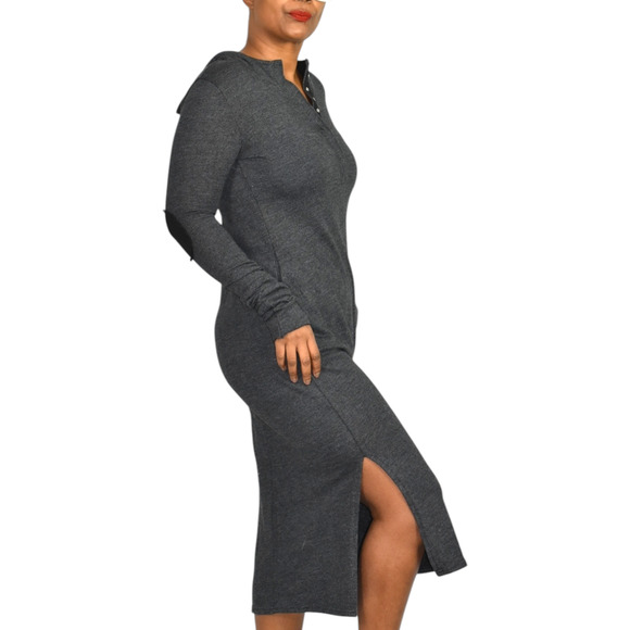 Noctex Henley Sweater Dress Grey Charcoal Wool Midi Hooded Pockets Side Slits XS - Picture 3 of 15